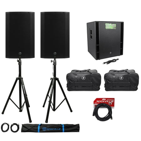 (2) Mackie Thump15A 15" Powered DJ PA Speakers+ Thump18s Subwoofer+Stands+Cables
