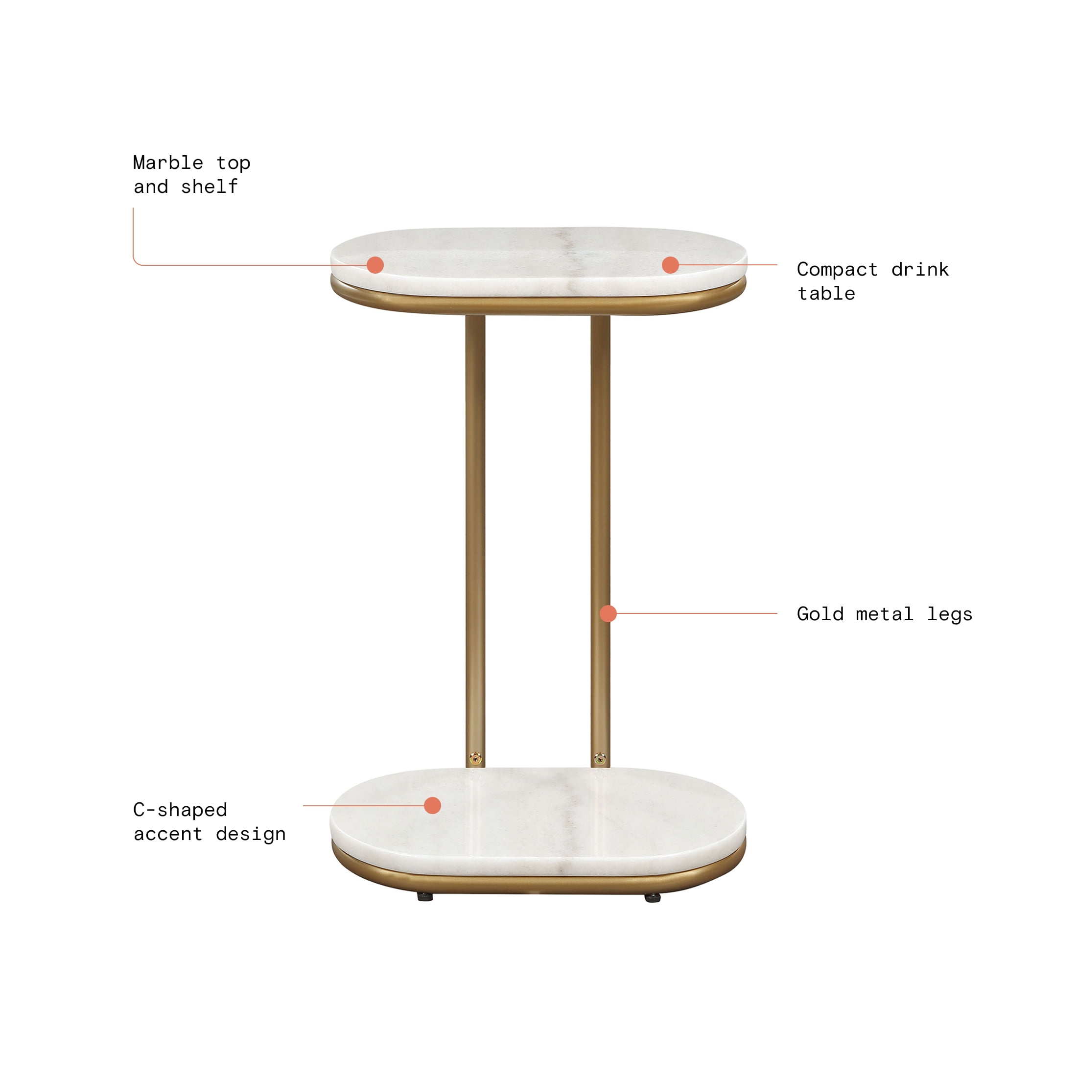 Beautiful Lane Drink Table by Drew Barrymore, White marble and gold finish