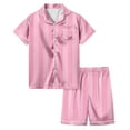 thumbnail image 2 of Tfken Kids Girls Sleepwear Set Lapel Neck Short Sleeve Striped Print 2Pc Easy Wash Fashion Outfits Size 2 Years-3 Years Pink, 2 of 5