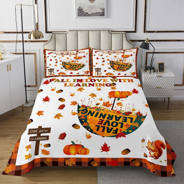YST Ensemble de Couvre-Lit Joyeux Action de Grâce pour Enfants, Ensemble de Courtepointe Citrouille de Récolte d'Automne Format Simple pour Garçons Filles Ados Adultes Chambre, Ensemble de Dessus-de-Lit Feuilles d'Érable d'Automne Ensemble de Lit Rustique de Style Ferme