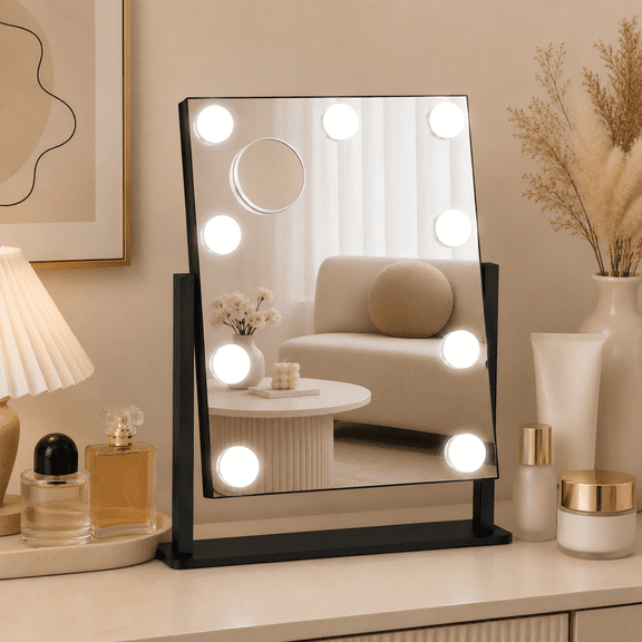 Efoee Vanity Mirror with Lights,Black Hollywood Lighted Vanity Makeup Mirror, 9 Dimmable Bulbs,10x Magnification,360°Rotation