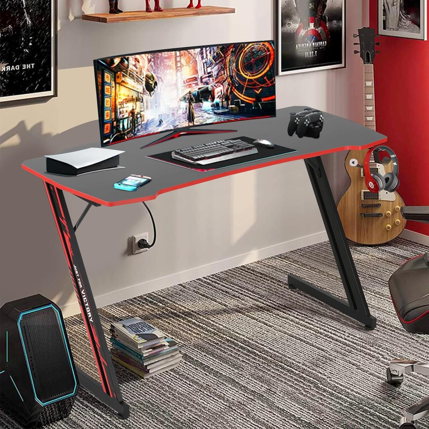 Dkelincs 47 inch Gaming Desk Z-Shaped Computer Desk Home Office Desk with Headphone Hook, Red