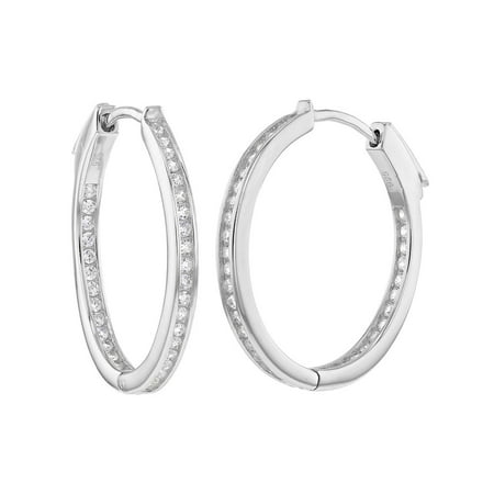 - 925 Sterling Silver Channel Set Round Inside Out CZ Women Hoop Earrings