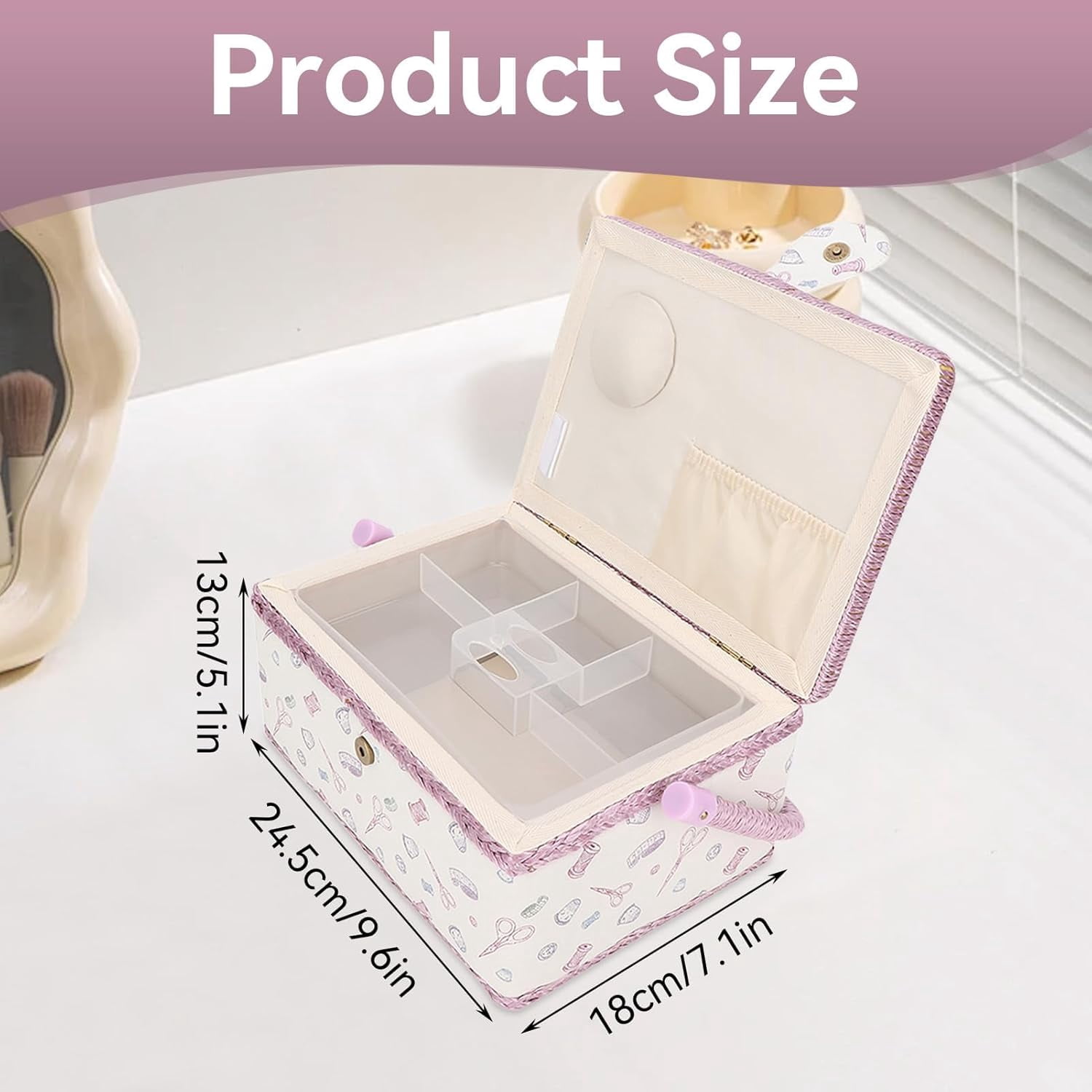 Sewing box, Classic organizer for fabric sewing supplies,Large storage box for craft accessories and embroidery， 24 x 18 x 13 cm