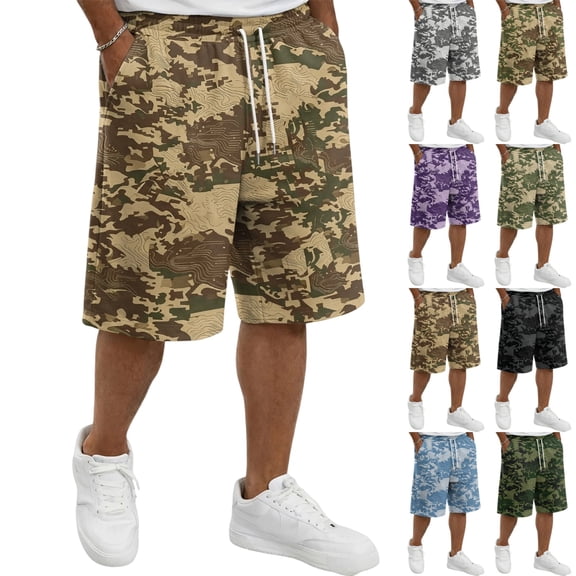 UDAUDU Men Camo Cargo Shorts Elastic Drawstring Waist Loose Fit Side Pocket Summer Outdoor Daily Wear Cargo Shorts for Men Earthy Yellow S