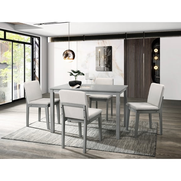 Grey 5pc Dining Room Package, Rectangular Table, 4 Chairs With Beige Fabric Seats, Solid Wood Veneer, Classic Design Finish Tabletop And Cushioned Chair Rubberwood Style