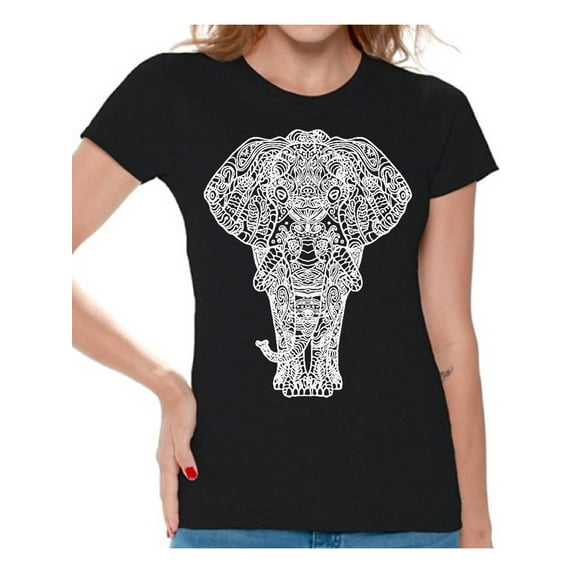 Awkward Styles Elephant T-Shirt for Women Patterned Shirts for Ladies Women Fashion Collection Tracery Tshirt for Mom Indian Pattern T-Shirt for Her Gifts for Wife Elephant Shirts Animal T-Shirt
