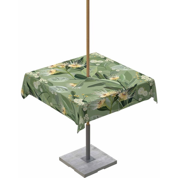Fsddascl Green Summer Botanical Outdoor Tablecloth - 54x54 Inch Square Dining Table Cover, Yellow Spring Floral Waterproof Outdoor Table Cloth with Umbrella Hole & Zipper for Picnic/Patio/Party