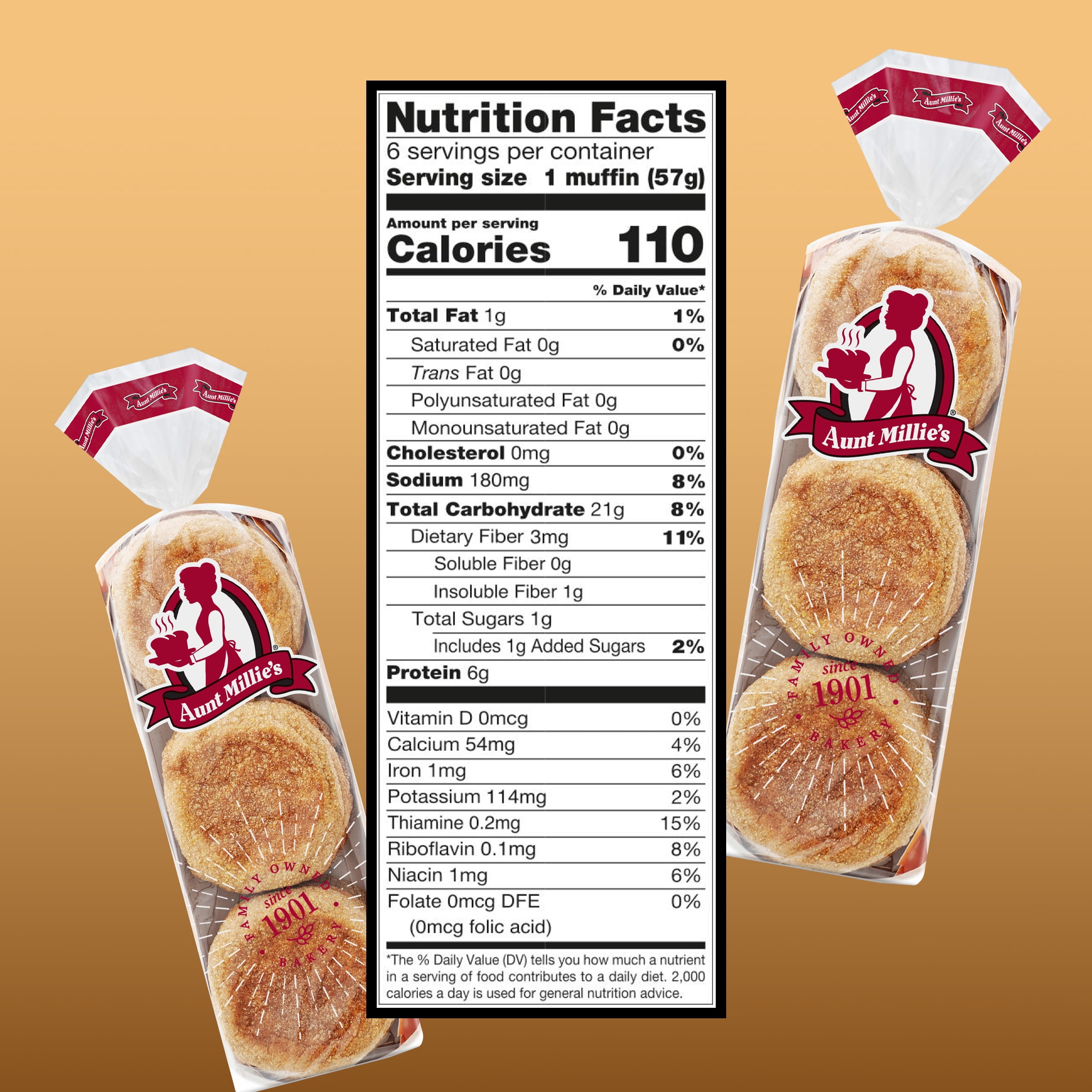 Aunt Millie's English Muffins, 100% Whole Wheat, 6 Ct., 12 oz.
