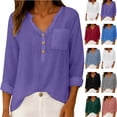 thumbnail image 5 of Duoif Womens Tops Womens Cotton Linen Tops Spring Fashion 2026 Long Sleeve V Neck Button Shirts Casual Loose Summer Purple XL, 5 of 9