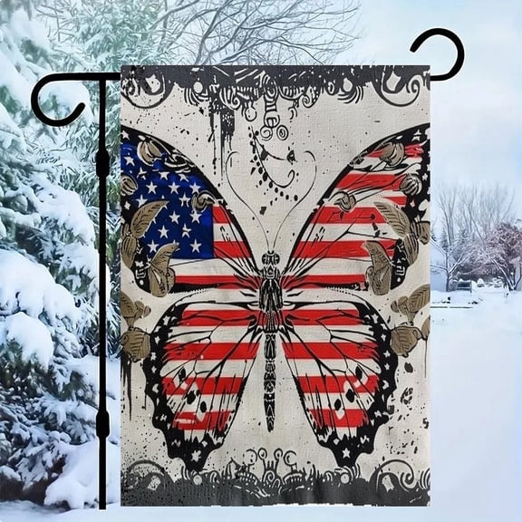 RKSupls Patriotic Linen Double Sided Garden Flag, Independence Day Themed Yard Decor, Patriotic Butterfly Wings Border Outdoor Banner for Holiday Lawn