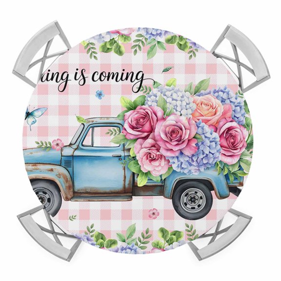 Elastic Fitted Round Tablecloth, Spring Waterproof Stretch Table Cover for 36"-44" Tables, Truck Botanical Rose Leaves Butterfly Pink Lattice Washable Outdoor Tablecloths for Patio, Picnic, Camping
