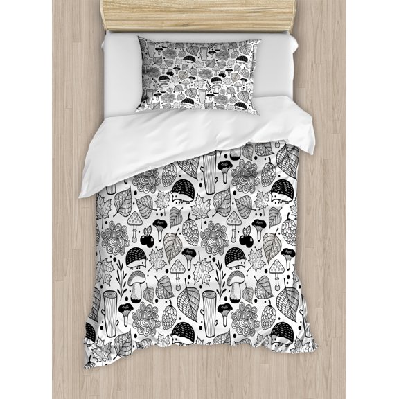 Hedgehog Duvet Cover Set Twin Size, Ecological Nature Elements Woodland Pattern Black and White Doodle Composition, Decorative 2 Piece Bedding Set with 1 Pillow Sham, Black White, by Ambesonne