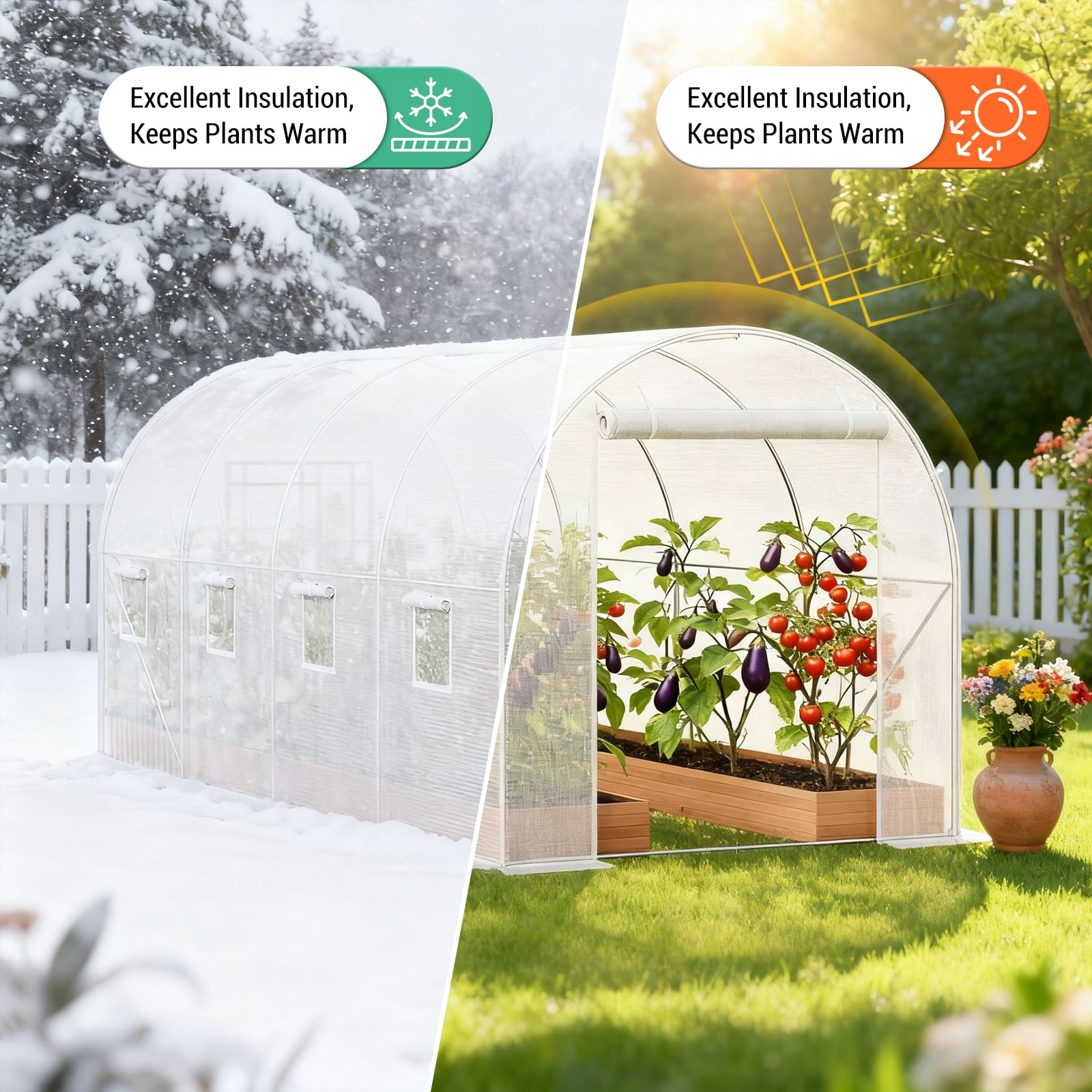 Large Outdoor Greenhouse with Screen Door, Portable Walk-in Tunnel Greenhouse, 14.6x6.4x6.3 Ft Hoop Plant Hot House with Galvanized Steel Frame, White PE Cover, Roll-Up Zipper Door and 8 Windows