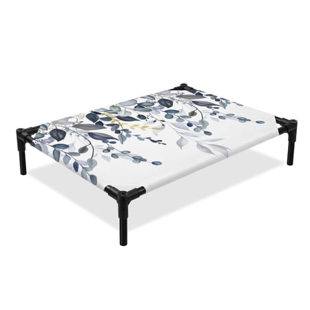 Blue Eucalyptus Leaf Elevated Dog Bed Spring Country Farmhouse Plants Leaves Cooling Breathable Outdoor Raised Dog Cot Bed with Metal Frame Non-Slip Feet for Large Dog 28x22in