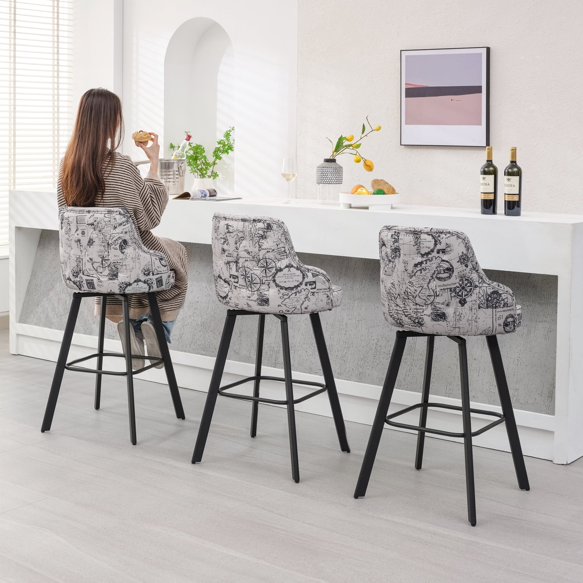 FIRAVOE Bar Stools Set of 4 (High Back) Swivel Barstools (30") Bar Height Bar Stools, Linen Bar Chairs for Kitchen Island, Beige