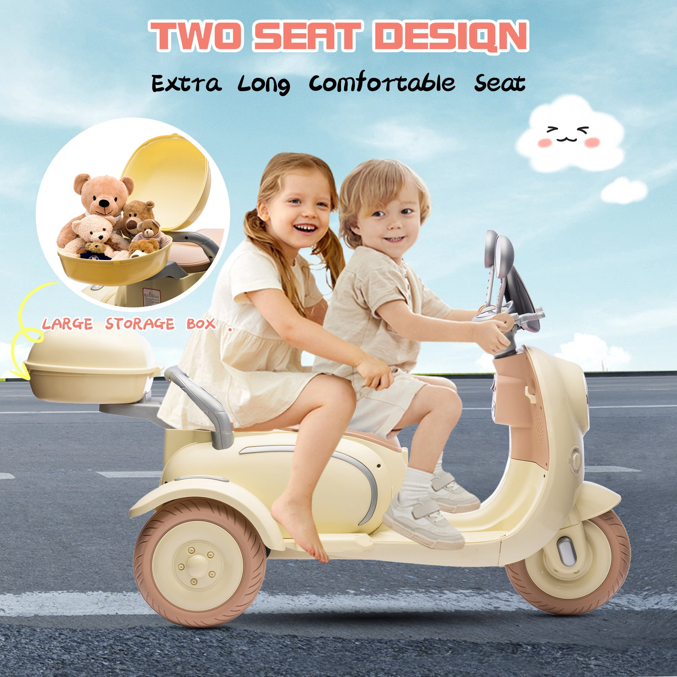 Dvsripa 12V Kids Electric Motorcycle,2 Seater Ride on 3 Wheel Scooter,Multi-function player,USB,Bluetooth,light,Backseat flip adult seat,Oversized Storage Box for kids Aged 3-6,Beige