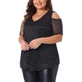 thumbnail image 4 of Blusas de fiesta básicas de manga corta con hombros al aire de lentejuelas brillantes para mujeres de tallas grandes Agnes Orinda 2X negras, 4 of 6