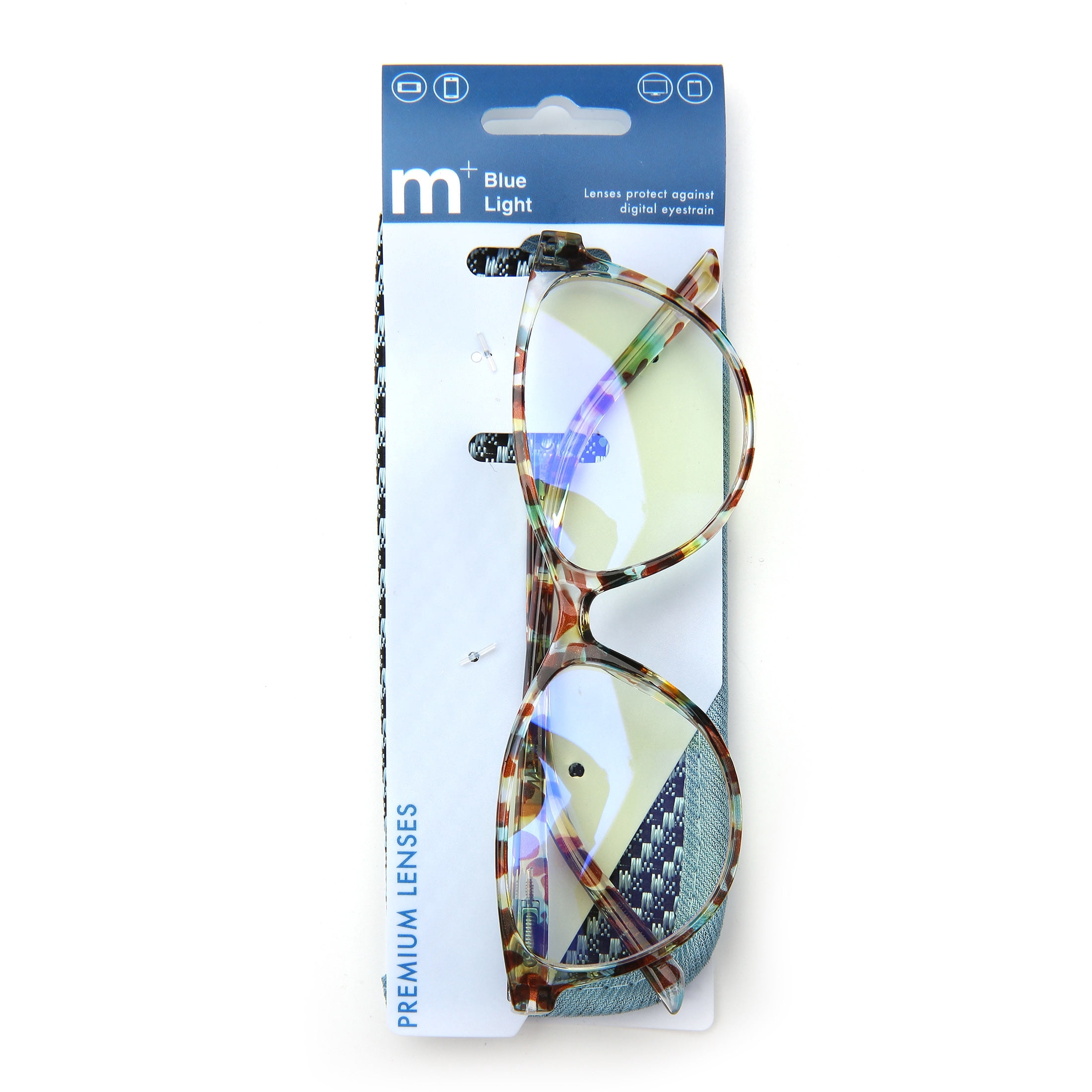 M+ Plano Blue Light Lens Injection Womens Frames, Linda, Crystal Tortoise, 54.0-15.5-145, with Case