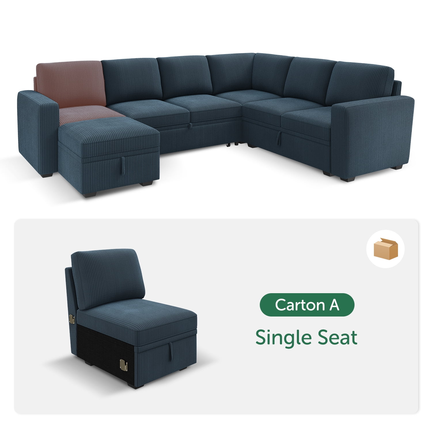 HONBAY Single Seat with Storage for Modular Sectional Sleeper Sofa, Corduroy Blue
