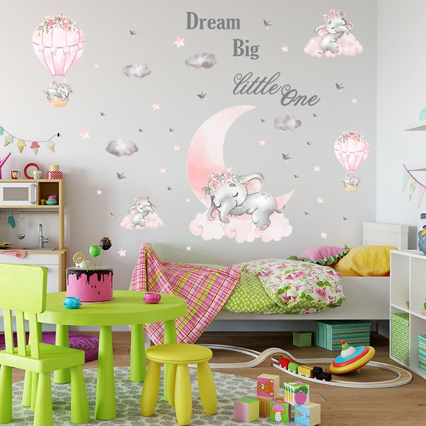 Pegatinas de pared de elefante, globo de aire caliente de luna rosa, calcomanías de pared de estrellas grises para guardería, habitación de niños, sala de estar, dormitorio, decoraciones para el hogar Kuyhfg Sin marca