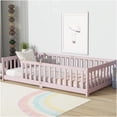 thumbnail image 2 of Twin Size Low-Profile Floor Bed Frame with Safety Rails, Pink Wood Platform Bed with Sturdy Slats, 2 of 10