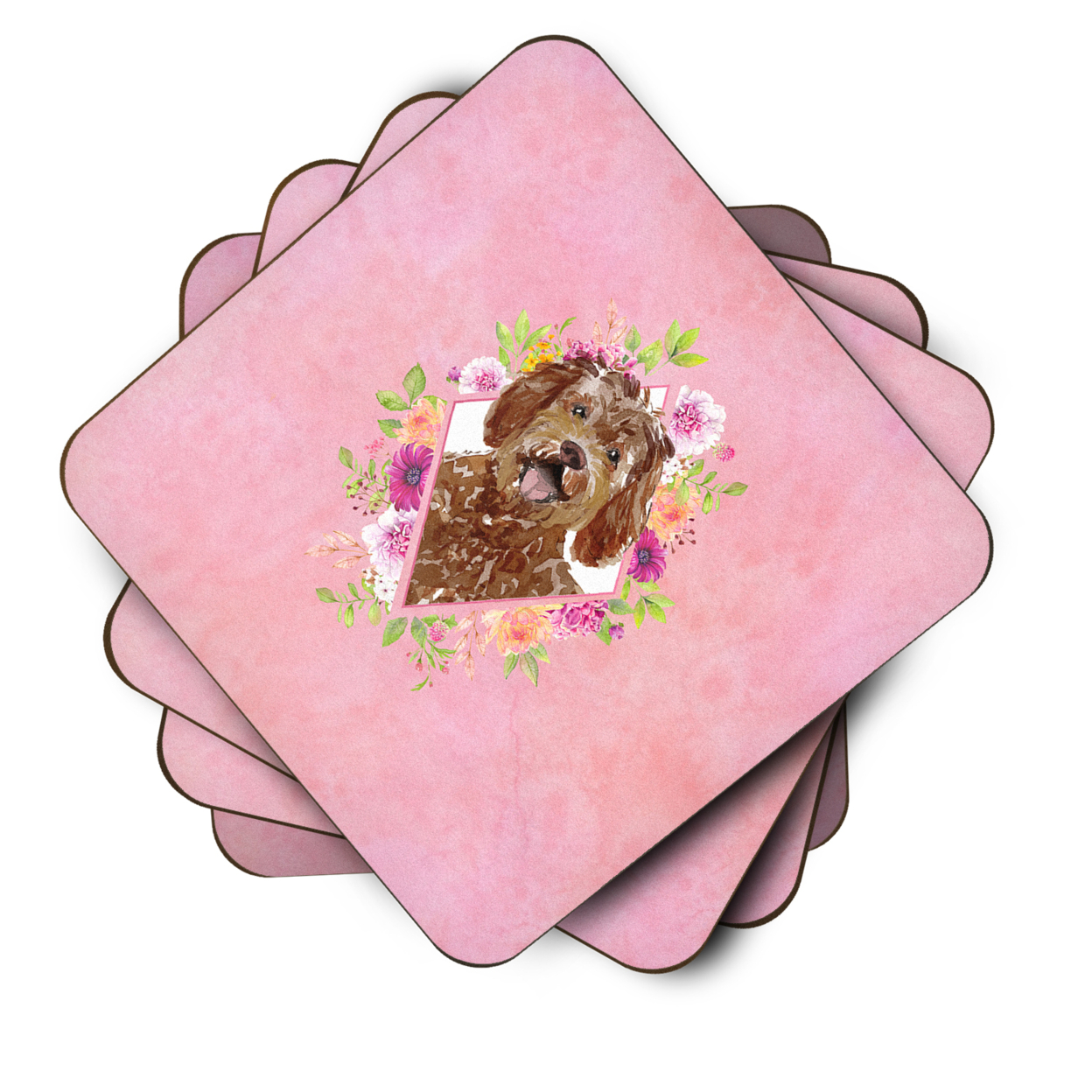Carolines Treasures CK4228FC Labradoodle Pink Flowers Foam Coaster Set of 4 3 1/2 x 3 1/2 multicolor