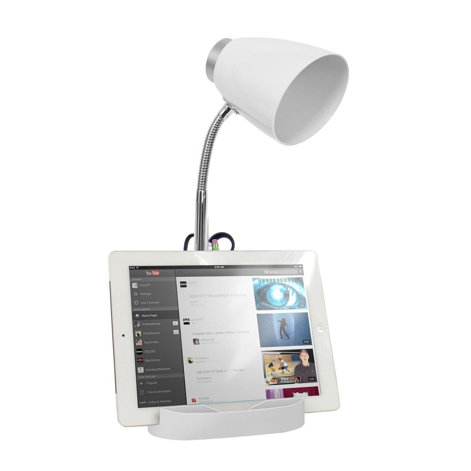 Lampe de bureau Limelights col de cygne avec support de livre pour tablette iPad, blanche