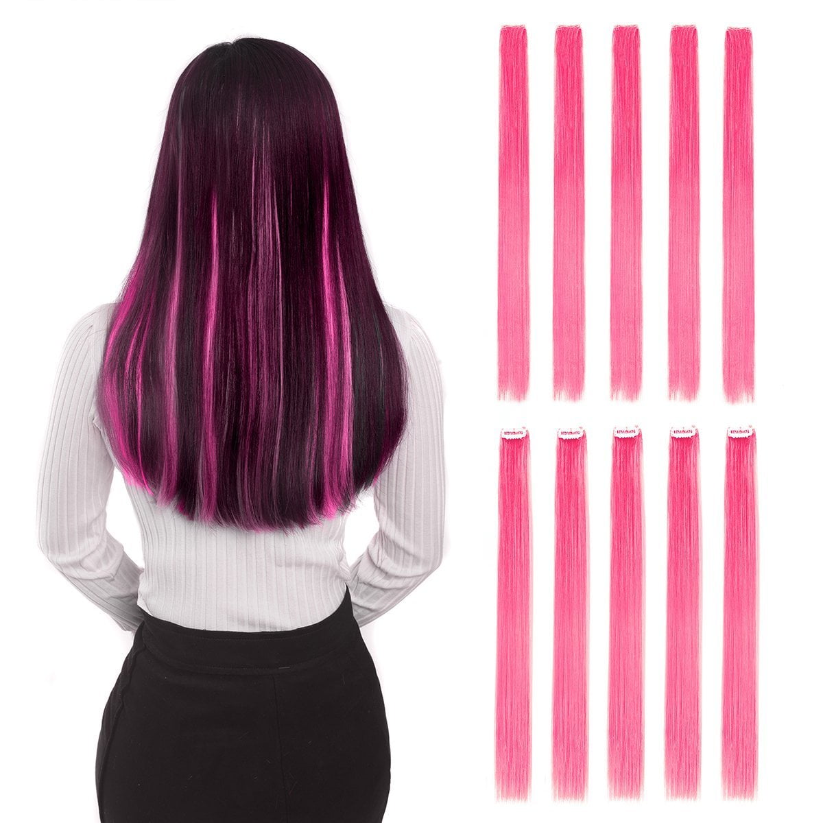 Colored Clip in Hair Extensions 20" 10pcs Straight Fashion Hairpieces  for Party Highlights Pink 22"-10pcs 