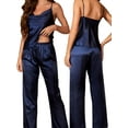 thumbnail image 3 of BadPiggies Silk Satin Pajamas Set for Women Sleeveless Sleepwear Soft Cami Top and Pants Loungewear (M, Navy), 3 of 8