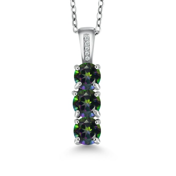 Gem Stone King 1.69 Ct Round Green Mystic Topaz White Diamond 925 Sterling Silver Pendant