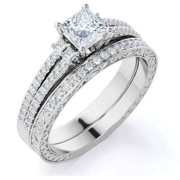 JeenMata Stunning 0.75 Carat - Princess Cut Diamond - Pave - Vintage - Double Band Engagement Ring - Bridal Set - 10K White Gold