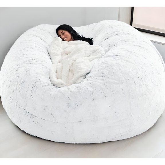LAMIRO Lazy Sofa Bed Cover,Jumbo Fur Bean Bag Chair Cover for Adults (No Filler) Living Room Furniture Large Round Soft Fluffy Fur Bean Bag,(White,5 ft.)