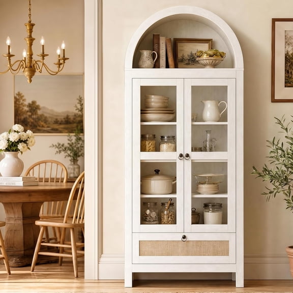 LAZZO 71" Arched Pantry Cabinet with Glass Door & Drawer, Storage Cupboard with Anti-Tipping Device, White