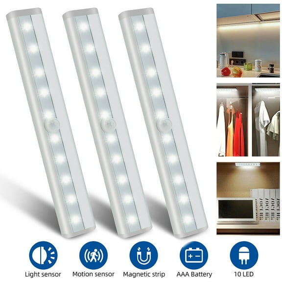 Motion Sensor Closet Lights, 10 LED Motion Sensor Lights, Stick-on Anywhere Wireless Battery Operated Night Light Bar, Safe Lights for Closet Cabinet Wardrobe Stairs,3 Pack