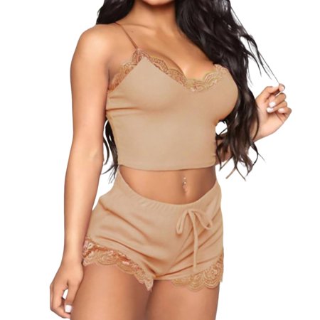 

harmtty 2 Pcs/Set Women Pajamas Set Crop Top Shorts Lace Edge Solid Color Spaghetti Strap Sexy Soft Sleeveless Lady Night Clothes for Sleeping Khaki