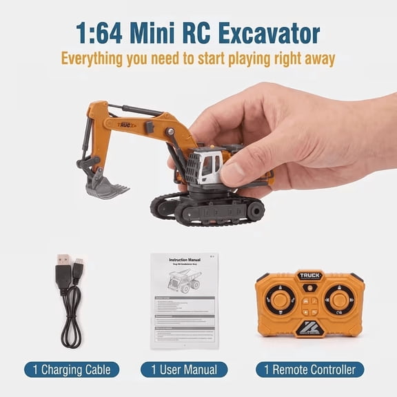 `1:64 Scale Yellow Mini RC Excavator Toy, Partial Alloy & Plastic Remote Control Construction Vehicle, 360° Rotation, LED Lights, Battery & Charger Included for Kids Ages 6 and Up`