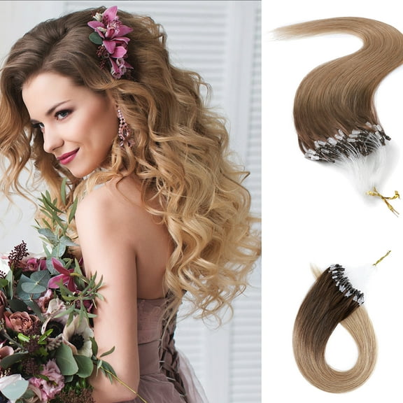 MY-LADY 100% Human Hair Extensions Remy Real Natural Hair Hairpiece Mirco Ring Tubes Hair Thick Micro Loop Extensions Hair for Women 18inch #4T27 Medium Brown to Dark Blonde