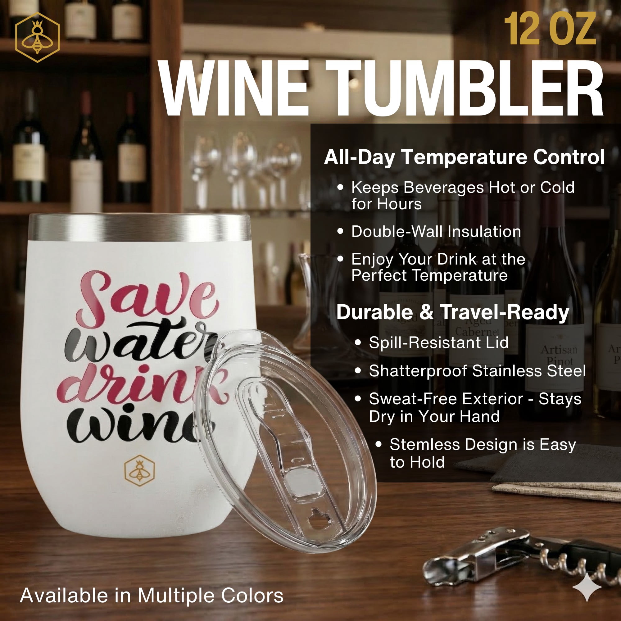 Biddlebee 12oz Insulated Stainless Steel Stemless Wine Tumbler, Save Water Drink Wine