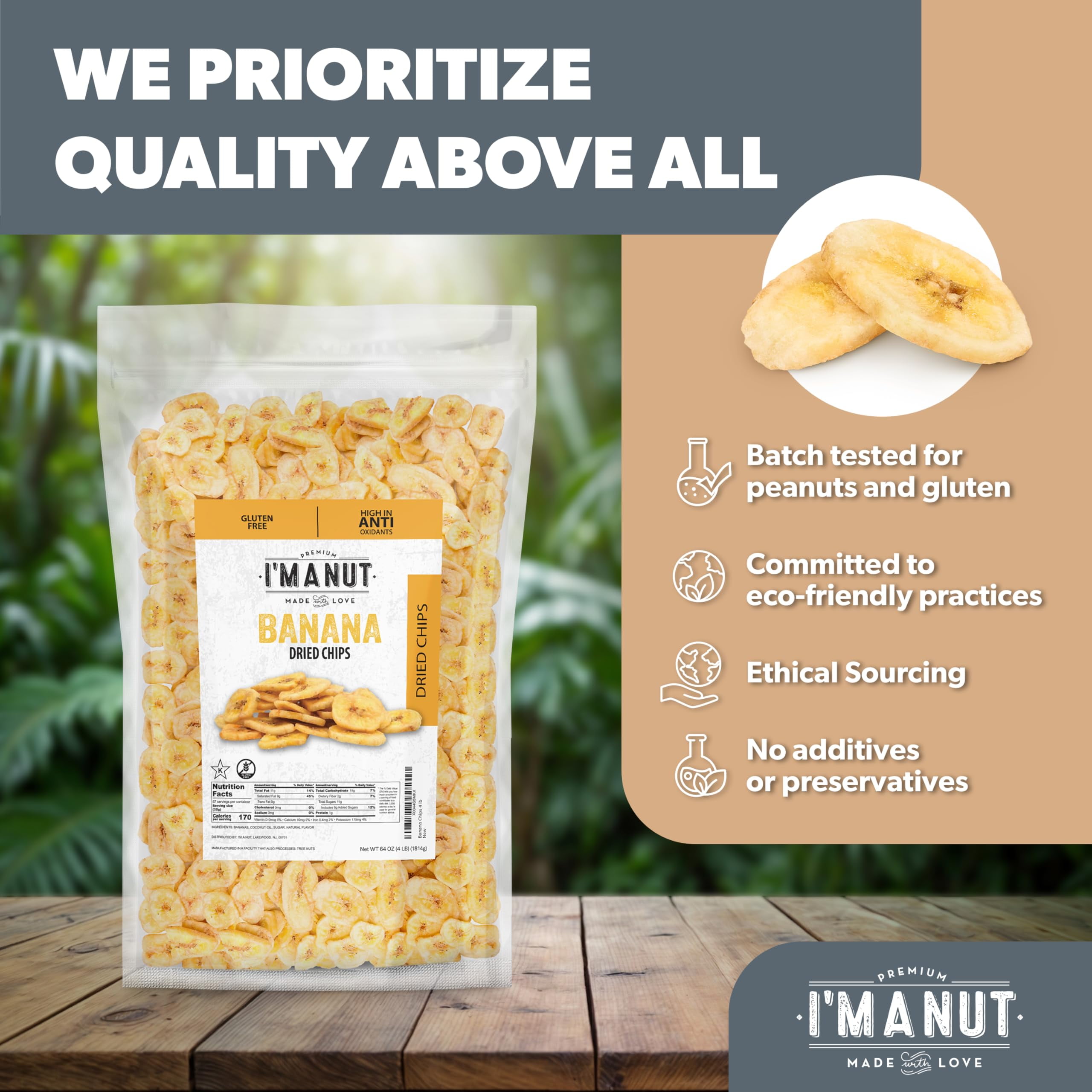 Premium Dried Banana Chips 64oz, Non-GMO, Batch Tested, Gluten & Peanut Free Ethically Sourced Dried Fruit, Kosher