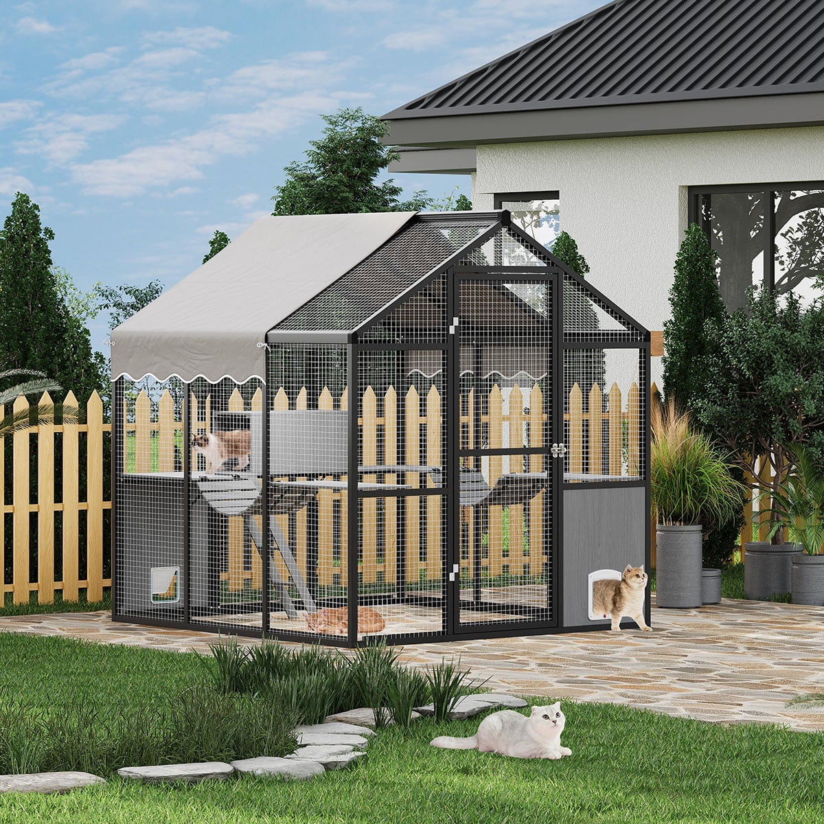 Aluminum Walk-In Large Outdoor Cat Enclosure,Large Outdoor Catio for Multiple Cats,Outside Cattery with Weatherproof Roof with Channels,Side Door,UV Proof Cover,Huge Condo,Platform(ship in 2 boxes)