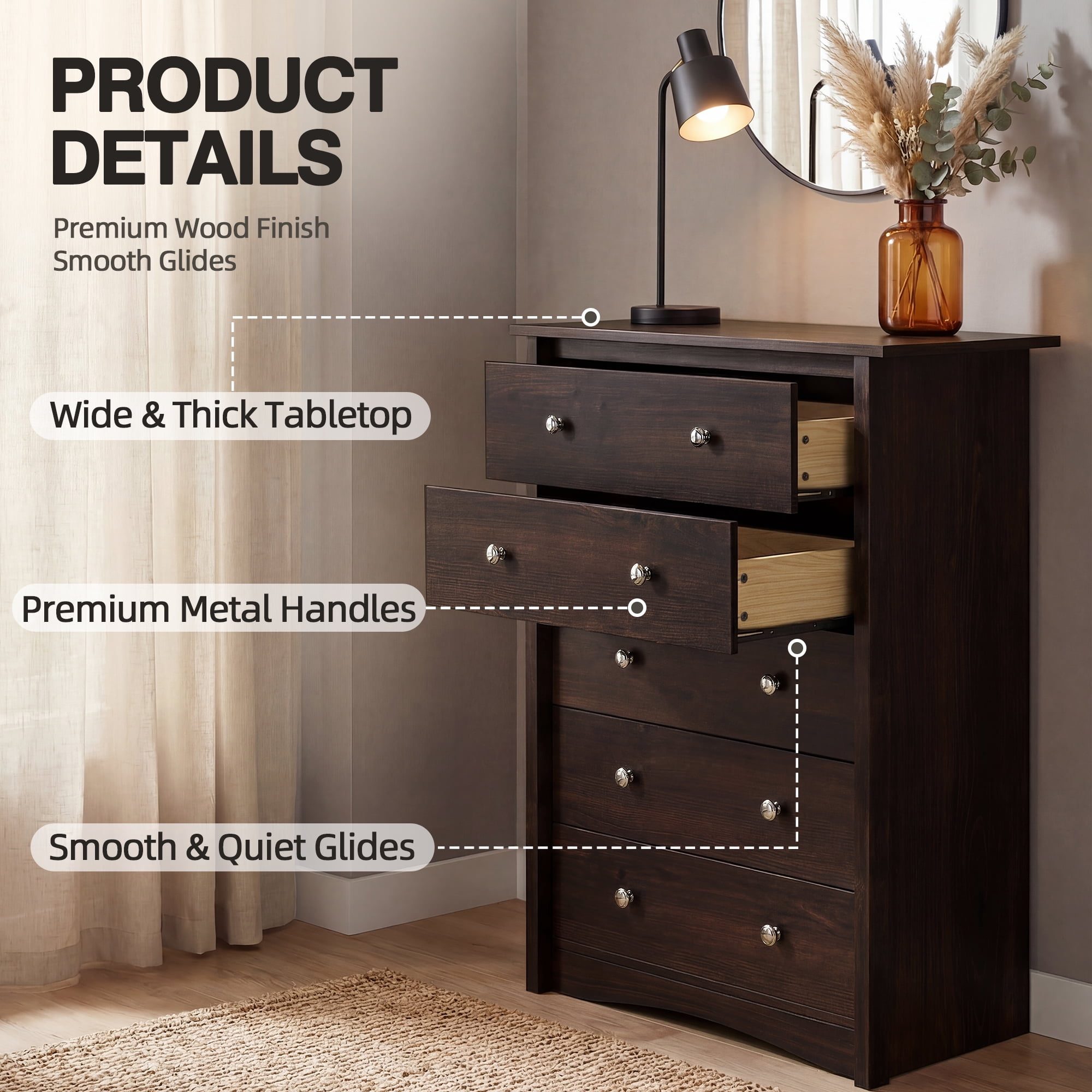 Lacoo 47'' Tall 5 Drawers Wooden Dresser for Bedroom, Modern Storage Chest of Drawers, Brown