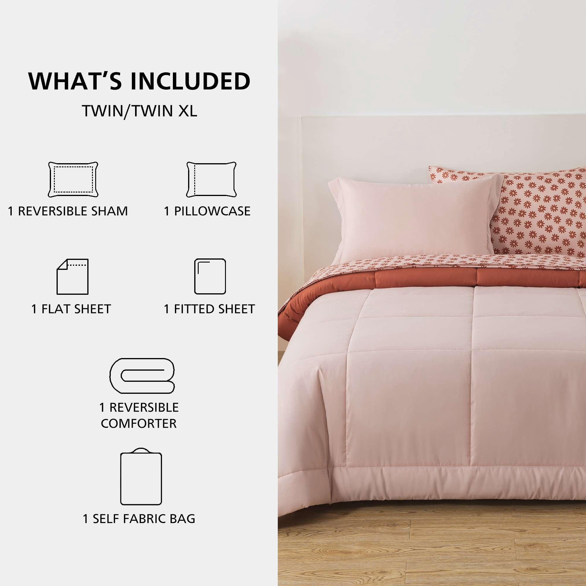 Mainstays All in One Reversible Comforter and Sheet Set, 5-Piece, Twin, Pink Blush
