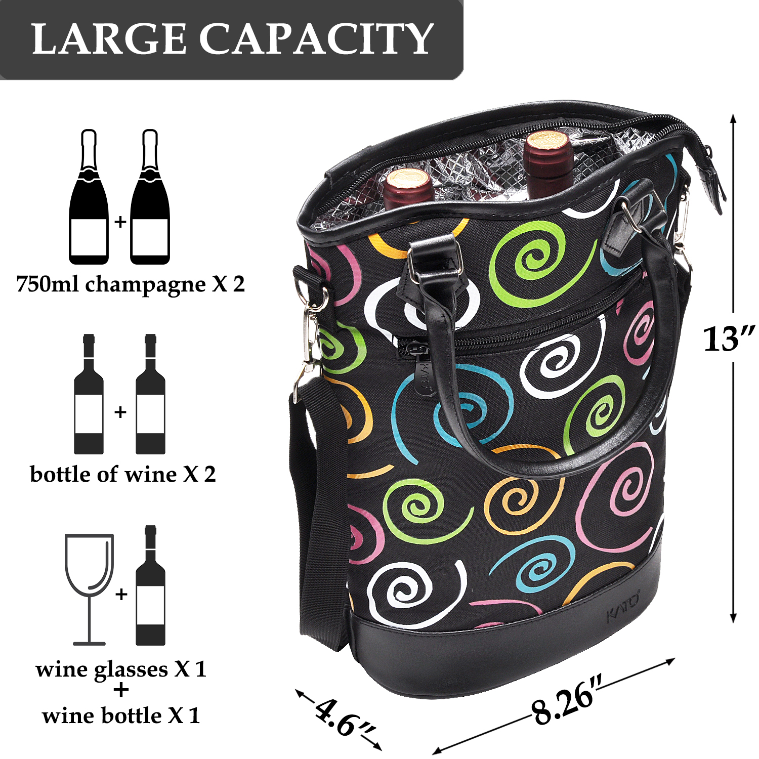 Tirrinia Insulated Wine Carrier Tote - Travel Padded 2 Bottle Wine/Champagne Cooler Bag with Handle and Adjustable Shoulder Strap + Free Corkscrew, Great Wine Lover Gift, SPIRAL - image 3 of 8
