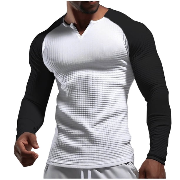 Blusas y camisas de manga larga con cuello en V para hombre, estilo casual, de color liso, con empalme, de manga larga y cuello en V, de poliéster y algodón.
