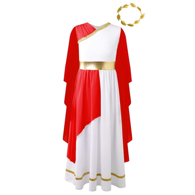 Manyakai Costume de Princesse Grecque Toga Athena pour Filles, Robe et Couvre-Chef, Tenues de Fête Fantaisie Rouge 16