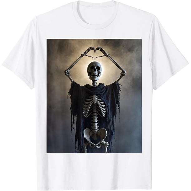 Póster de terror retro con forma de corazón con diseño de manos de esqueleto