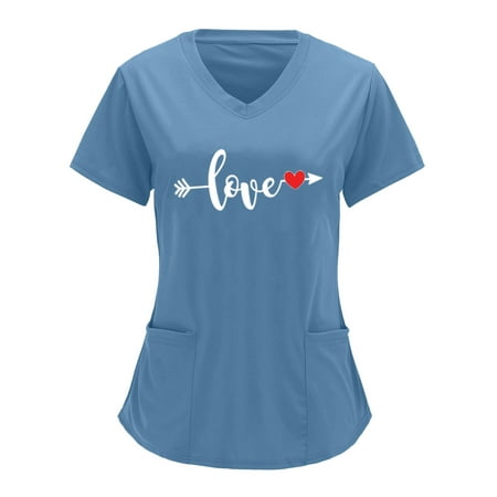 

Women Scrubs Top Working Uniform Nurses Clothing Workwear Casual V-Neck Valentine s Day Love Heart Printed Short Sleeve Shirt Top Streetwear