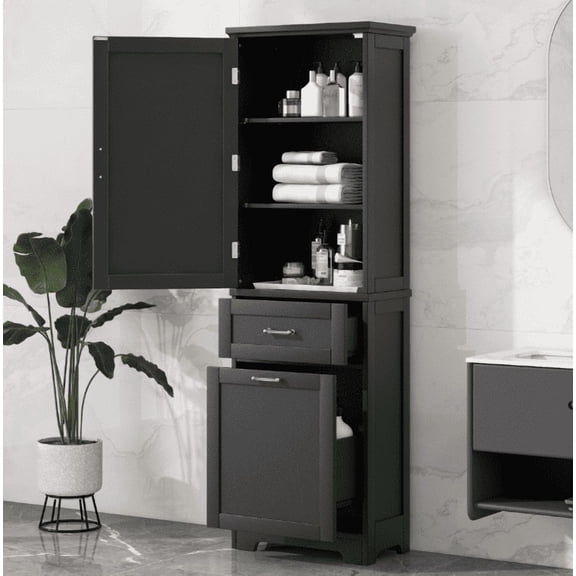 EurocoTall Bathroom Storage Cabinet, Freestanding Storage Cabinet with Two Different Size Drawers and Adjustable Shelf, MDF Board with Painted Finish, Black
