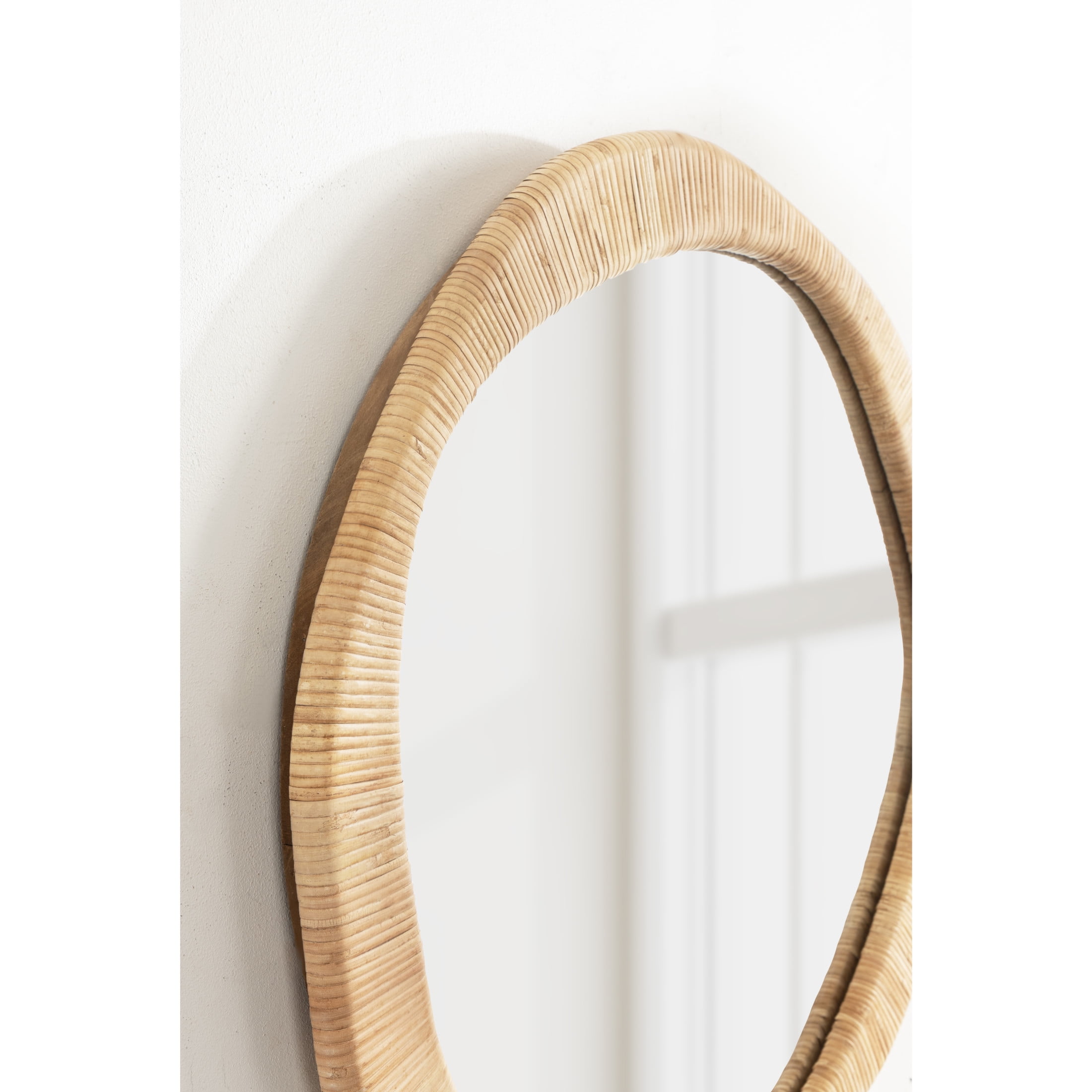 Kate and Laurel Rahfy Boho Irregular Round Rattan Mirror, 26 Inch Diameter, Natural Rattan, Decorative Wavy Circle Mirror with Wrapped Authentic Cane Frame for Bathroom Vanity Decor